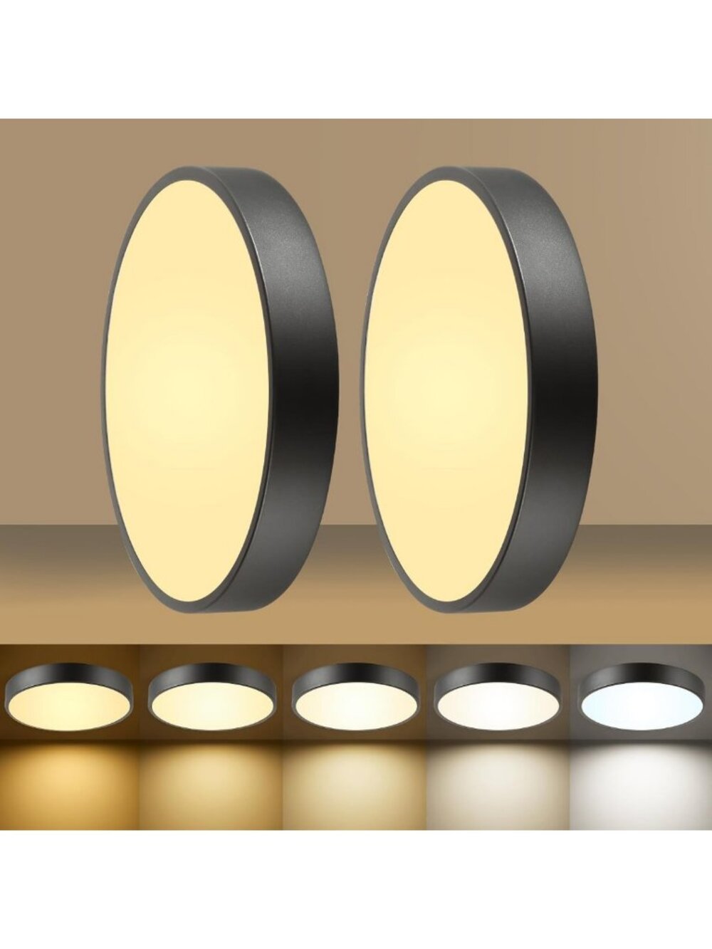 Dimmable Black Flush Mount Ceiling Light Fixtures, 12In 24W, 5CCT, 2-Pack